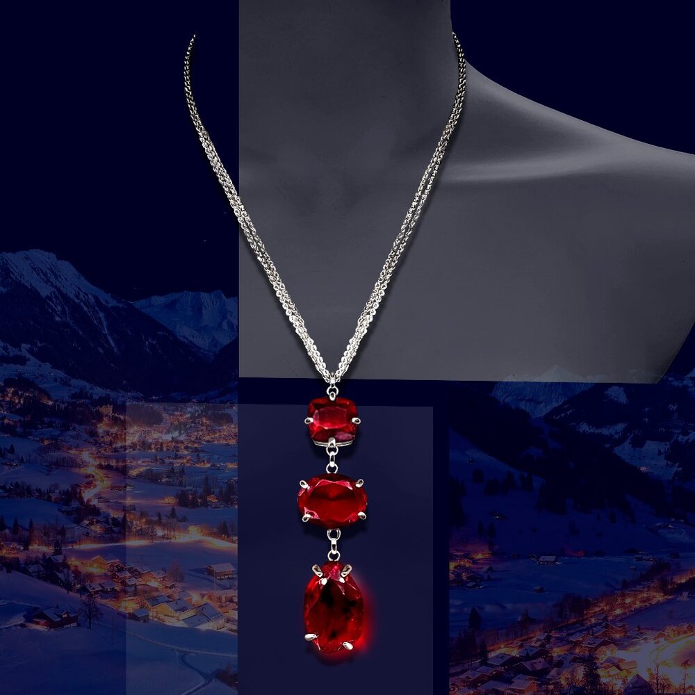 NECKLACE Silver Chain Triple Pendant Ruby Czech Crystal